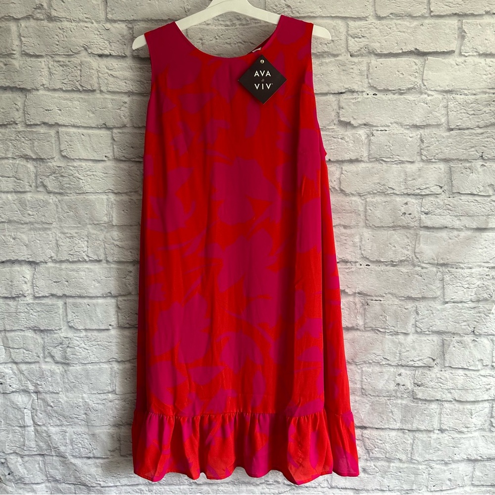 NEW WITH TAGS AVA & VIV PINK RED FLORAL BOW BACK RUFFLE HEM TANK DRESS PLUS 1X